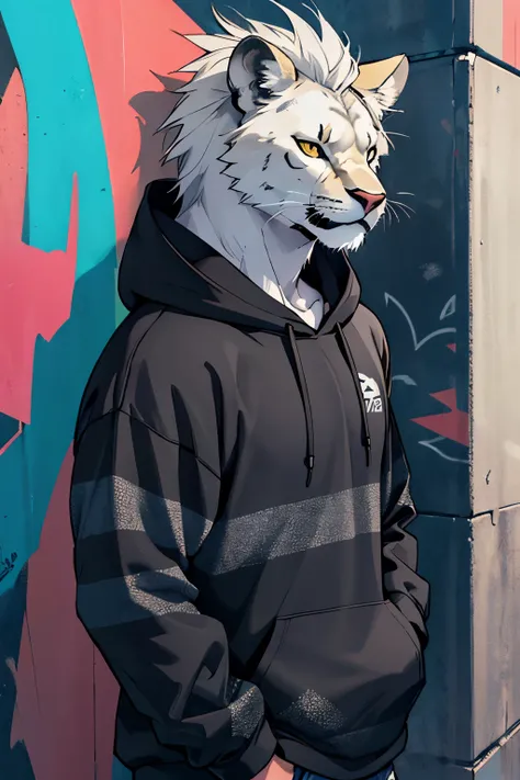 (((NO PEOPLE!))) A Mad lion showing anger in his body stance and face in a hoodie with a  wall with colorful graffiti background, anthropomorphic cat, Black and white face of a cat, high quality portrait, render naughty cat, in a hoodie, looking heckin coo...