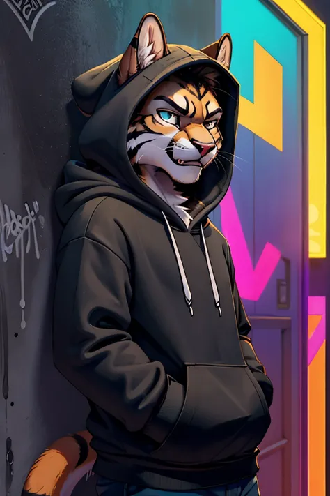 (((NO PEOPLE!))), (((A angry Mad cat showing anger in his body stance and face in a hoodie with a  wall with colorful graffiti background))), anthropomorphic cat, (((big cat ))),lion ,cougar, puma , Black and white face of a big cat, high quality portrait,...