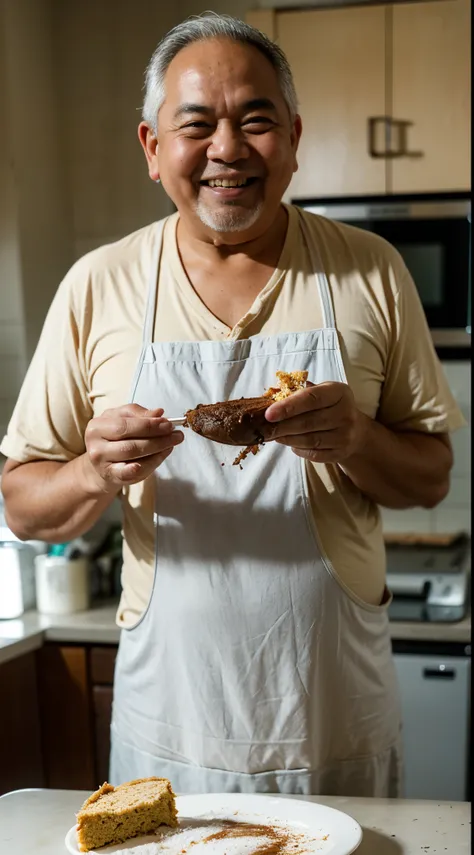 malay man in traditional Malay costume baking cake in pastel color dress, grey hair and beard, laughing, happy, messy kitchen, flour in face and body, wet flour in body and face, detailed skin texture, soft lighting, too many smudge flour in body and face,...