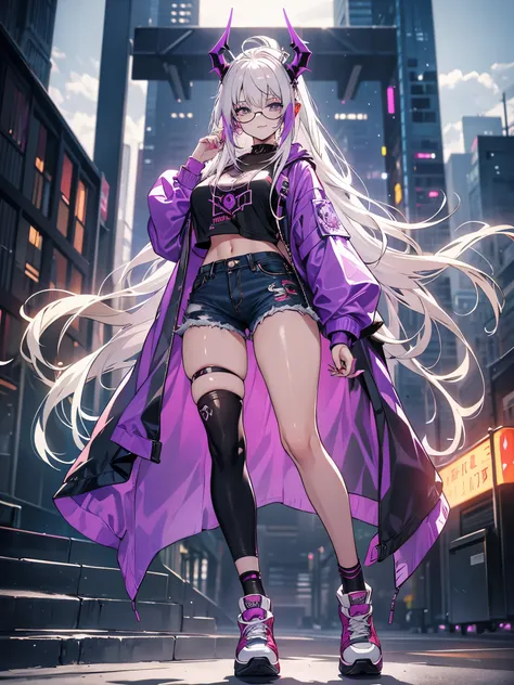 a demon girl with CYBERPUNK ornaments, glasses half hanging on her face, long cyberpunk hair, white hair, thick lips, demonic smile, (((wearing a purple cyberpunk jacket, white high-top sneakers with socks, denim shorts and bigger horns))), small breasts r...