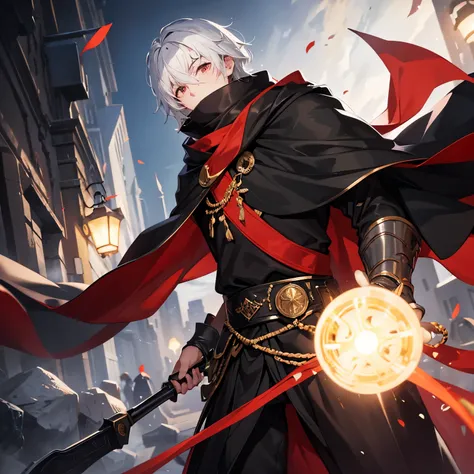 Fair Skin, Black Blindfold, Medium Hair Length, White Hair, Pure Black and Red Islamic Warrior Outfit, Bright Smile, with neck scarf, Male, Robe with Old Cape. Eyes Covered, Black Blindfold. One Person. Single character. One Male. Blind Fold. Covering both...