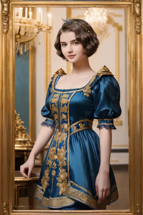 142
(a 20 yo woman,in the palace), (A hyper-realistic), (high-level image quality), ((beautiful hairstyle 46)), ((short-hair:1.46)), (kindly smile), (breasted:1.1), (lipsticks), (wearing a blue dress), (murky,wide,Luxurious room), (florals), (an oil painti...