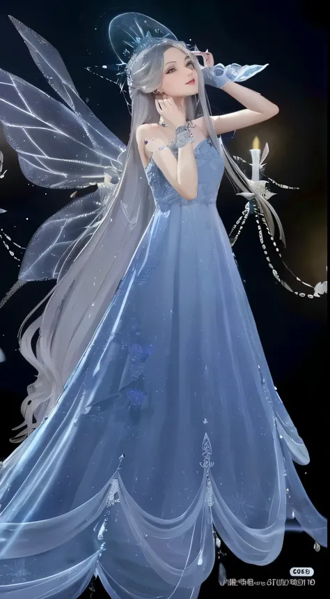 One in a blue dress、Close-up of a woman with fairy wings, Astral Fairy, Fantasy dresses, ethereal wings, magic dress, ethereal fairytale, Smile like a fairy king, Astral Witch Clothes, Ethereal fantasy, ethereal essence, Flowing magic robes, icey blue dres...