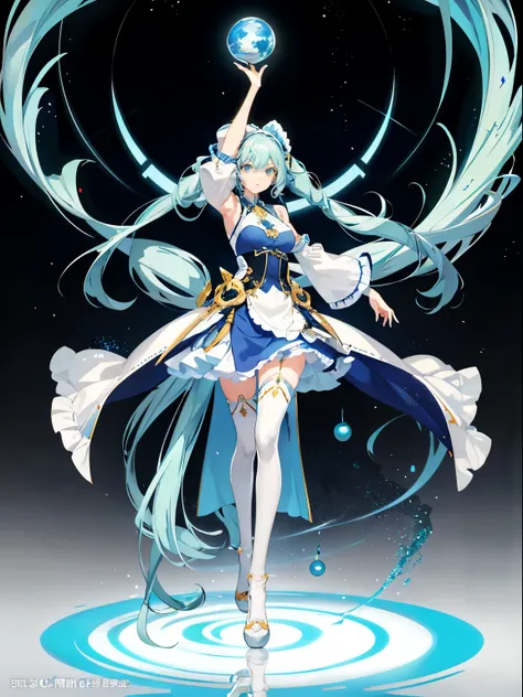 anime， femele， lightblue hair， The eye， long whitr hair， pony tailposed huge cleavages， Maid long dress，longer sleeves，White over-the-knee stockings， One-legged， skinny legs，Stand on one leg，uncovered shoulders， 鎖骨， sitted， Arms up， looking at viewert， in ...