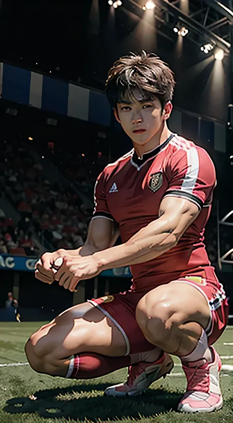 male Kpop,soccer men,muscle,gay,handsome,big muscles,light pink soccer uniform,long black socks,kneeling on the stage,showing muscles,high quality,4k,detailed,