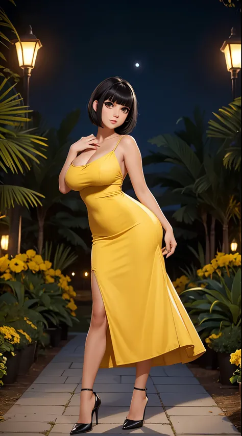 short black hair, with slightly messy bangs.  Dark, penetrating brown eyes.  Thin and marked build.  She wears a yellow elegant long dress and black shoes Big boobs, big ass, nsfw. Full body image. she is standing in a garden at night