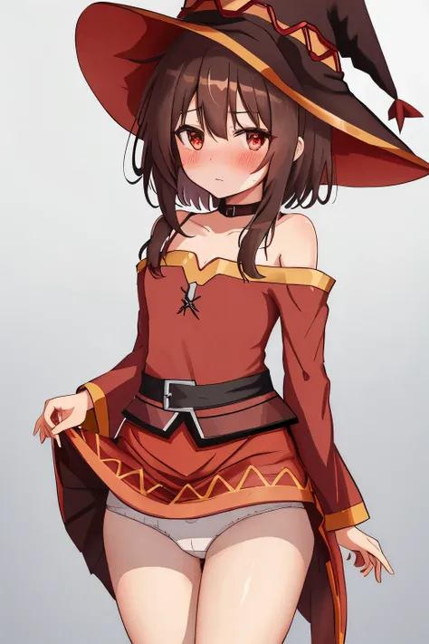 megumin, looking at viewer, hat, witch hat, brown hair, short hair with long locks, red eyes, blush, short hair, tomboy, bellow view, skirt lift, white panties, very high skirt, raise up skirt, panties