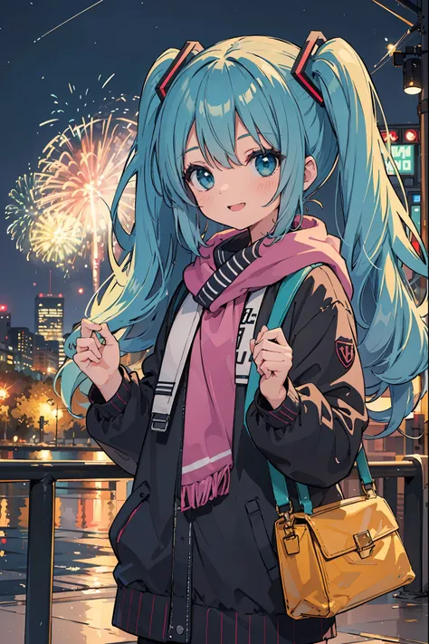 Square, year-end countdown, fireworks event, Hatsune Miku, smile, laugh