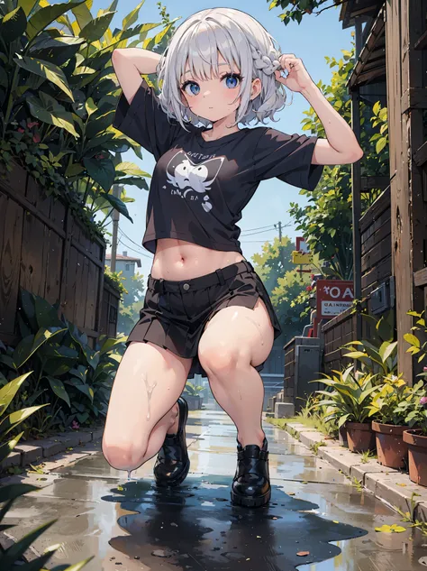 ((masterpiece)), (high quality), full body, a girl with platinum hair, curly hair, double braids, seductive expression, very short t-shirt, white translucent t-shirt, t-shirt without prints, wet t-shirt, translucent fabric, part of visible underside of the...