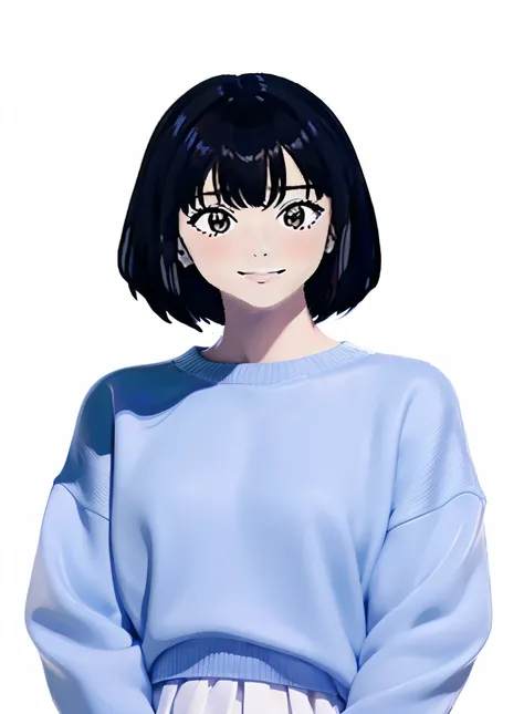 Anime girl with dark hair and a blue sweater posing for a photo, made with anime painter studio, anime moe art style, painted in anime painter studio, sui ishida with black hair, Anime style portrait, anime portrait of shiina ringo, semirealistic Anime sty...