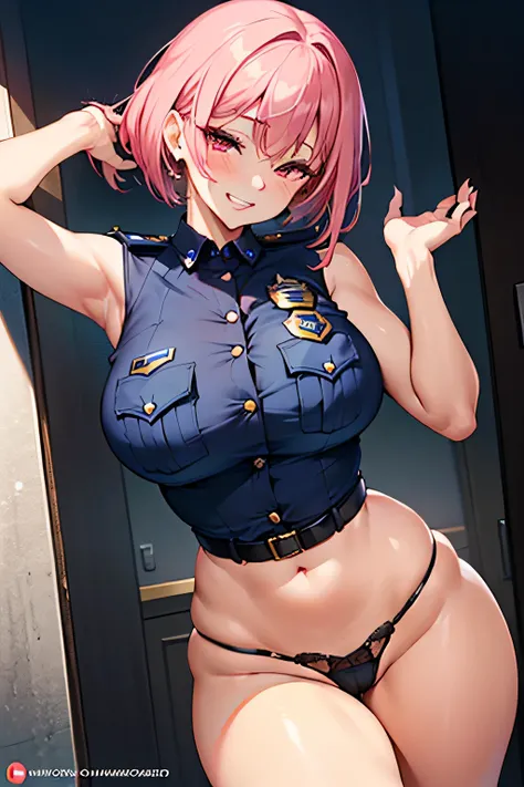 (1 beautiful mature slut), Solo, gorgeous faces, (red blush)、((Wearing a police uniform)), grin、Red lips, eyeshadows, eye line, ((Open crotch))、Show me the armpits、such an ass、((sitted))、large full breasts, thighs thighs thighs thighs, Pink bob hair, linge...