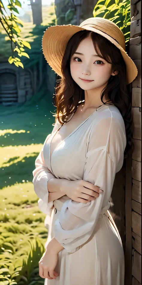 (((girl with)))), masutepiece, ultra-detailliert, 8K Portrait, Raw female portrait full body, Highly detailed face, ((Fantasy)), (((The Hobbitt))), ((年轻)), Smile, 25-years old, 120cm, (((farmer))), ((White skin)),  brown short wavy hair, (((Overall))), Ove...