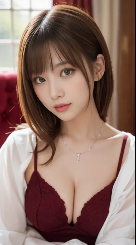 33 year old cute woman､Photos taken by a professional photographer，light brown delicate hair，Medium hair with wavy tips，Fancy makeup with brown eyeshadow，Black dress，round silver necklace，Medium breasts and cleavage，Looking away，Black High Heels，