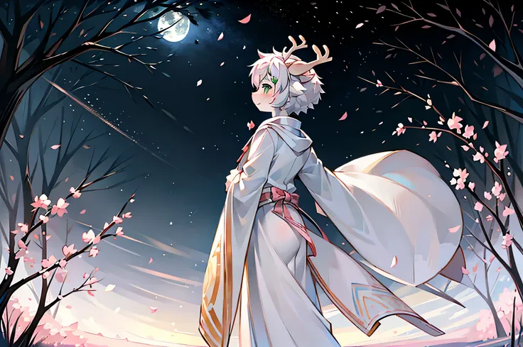 A white deer，standing in grassy field，moon full，Brilliant Milky Way，Many peach blossom trees，pink petals petals，Cute Shota，White robe，floating robe，Crystal pupils，Crystal pupils，Green-eyed，deer antlers，white color hair，back to look back，themoon，Green meado...