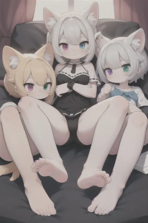 Four Beautiful Midas Cat Girls with Heterochromia Barefoot Showing Their Feet