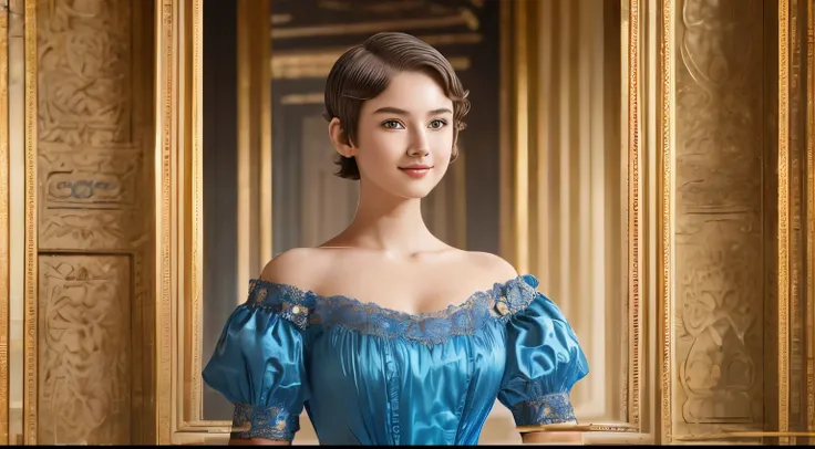 142
(a 20 yo woman,in the palace), (A hyper-realistic), (high-level image quality), ((beautiful hairstyle 46)), ((short-hair:1.46)), (kindly smile), (breasted:1.1), (lipsticks), (wearing a blue dress), (murky,wide,Luxurious room), (florals), (an oil painti...