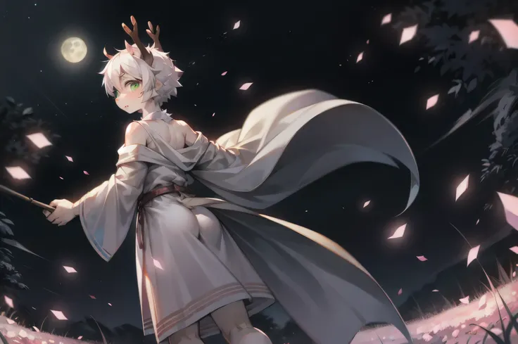 A white deer，standing in grassy field，moon full，Brilliant Milky Way，Peach blossom tree，pink petals petals，Cute Shota，White robe，floating robe，Crystal pupils，Crystal pupils，Green-eyed，deer antlers，white color hair，back to look back，themoon