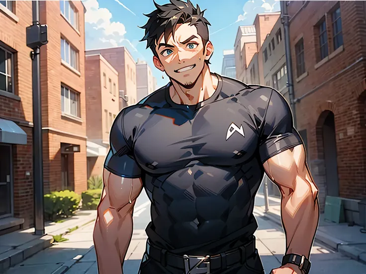 Uncle,upscaled,grinning evily,despise,1 man, Short black hair,Uncle ,Thin macho, Black shirt, standing in the sun, , I have a brick in my hand, Sweat,constructionyardai