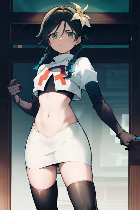 absurdres,venti,1boy, male focus, trap,black hair, green-blue hair, hair braid,hair flower,aqua green eyes,crossdressing,1boy,team rocket,team rocket uniform,white skirt,red letter R,crop top,black thigh-high boots,black elbow gloves,