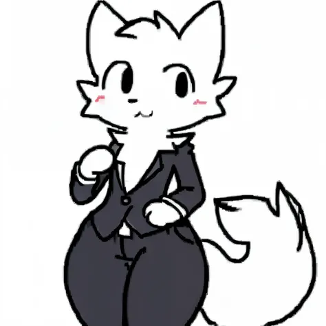 White fur, cat, anthro, furry, solo, simple art ,male chest,thin, hands behind on chest, black pants, black suit, office suit, cute,( wide hips:0.9)