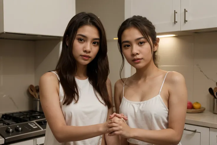 Ultra realistic image. young malay women holding hand,
Kitchen background, 8k