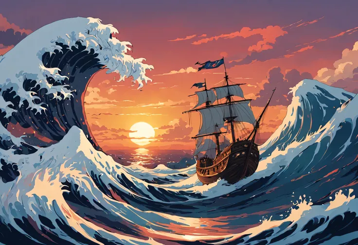 ccxl-mucha, art style, / Magic the Gathering Art / illustrative style / painting of a galleon and the great wave of kanagawa with a sunset in the background, by Alena Aenami, 4 k hd illustrative wallpaper, art of alena aenami, 4 k hd wallpaper illustration...