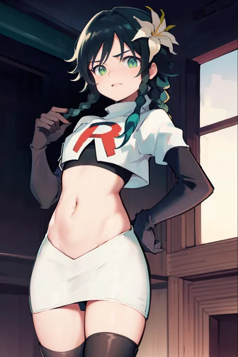 absurdres,venti,1boy, male focus, trap,black hair, green-blue hair, hair braid,hair flower,aqua green eyes,crossdressing,1boy,team rocket,team rocket uniform,white skirt,red letter R,crop top,black thigh-high boots,black elbow gloves, shy