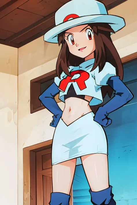 leaf \(pokemon\), hat ,brown eyes ,glossy lips ,team rocket,team rocket uniform, red letter r, white skirt,white crop top,black ...