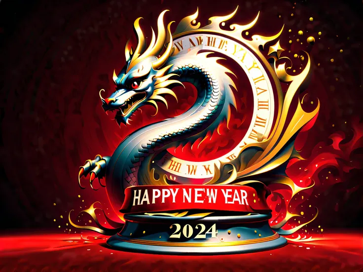 shadow dragon, defeat, dark fantasy atmosphere, sophisticated, (((the word "happy new year 2024":1.4)))), (((white glow metal sc...