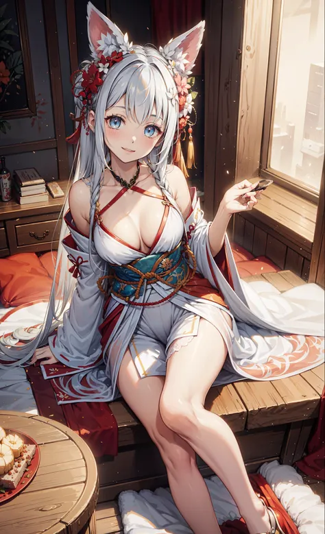 (Best quality at best,4K,8K,A high resolution,tmasterpiece:1.2),ultra - detailed,beuaty girl,obsessed,enchanting,cheerful,Sankta,magical effect,silvery white hair,Hanfu,,Sophisticated attire,Detailed lace,Bedrooms,Solitude,during night,lace hose,神Sankta条纹,...