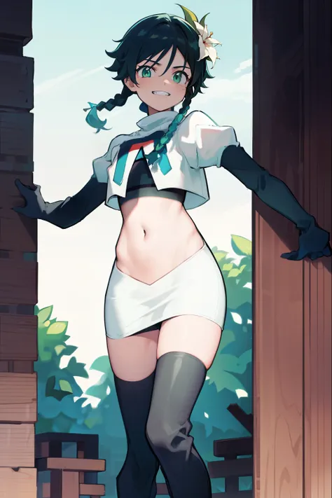 absurdres,venti,1boy, male focus, trap,black hair, green-blue hair, hair braid,hair flower,aqua green eyes,crossdressing,1boy,team rocket,team rocket uniform,white skirt,red letter R,crop top,black thigh-high boots,black elbow gloves, smile, show teeth