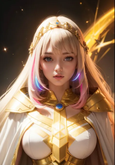 Bust to waist ((perfect face)) perfect skin, hyperrealistic masterpiece, Superheroine girl ((fringe glowing colorful)) in extremely complex & superdetailed tight plugsuit ((with white cape)), cinematic illumination: 8k, (((Queen aesthetic style::1)))