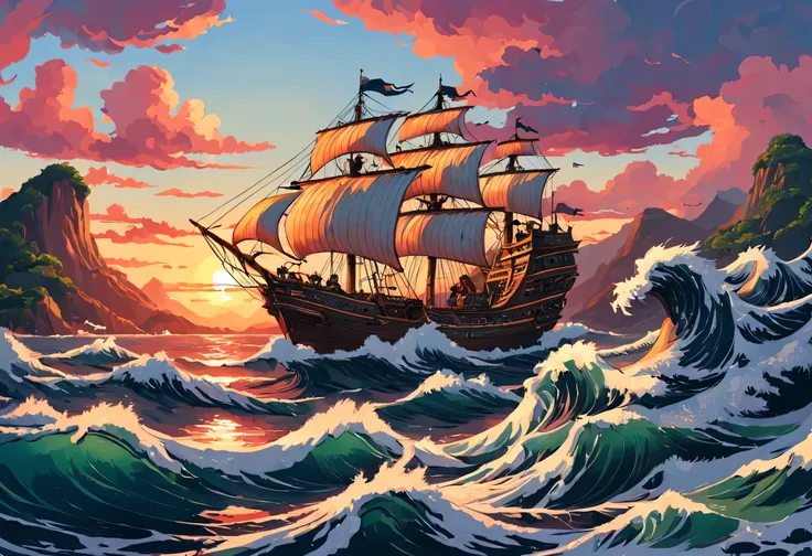 ccxl-mucha, art style, / Magic the Gathering Art / illustrative style / painting of a galleon and the great wave of kanagawa with a sunset in the background, by Alena Aenami, 4 k hd illustrative wallpaper, art of alena aenami, 4 k hd wallpaper illustration...