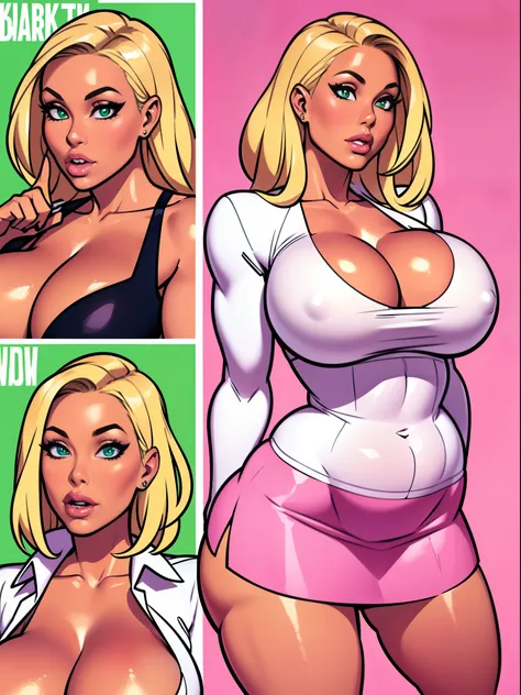 ((Blonde hair slutty teenager with absurdly huge tits in pink skirt and crop)), standing straight posing, high heels, skinny fit waist:1.3, wide hips, juicy ass, short skirt and news reporter suit:1.4, character sheet, blank  background:1.4, wallpaper back...