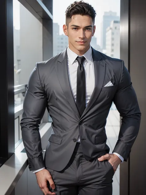 a very handsome muscular male model in gray suits in a highly luxurious lounge with soft lightings, with very short straight and...