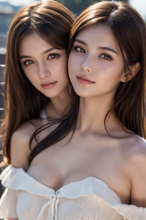 (2girls:1.3), (Ultra Realistic, hight resolution), (Highly detailed eyes, Highly detailed hair, Highly detailed face, Highly detailed plump lips), (off shoulder with open breasts), breasts, Upper body, Search Smile, (Best Quality:1.4), Raw photo, (Realisti...