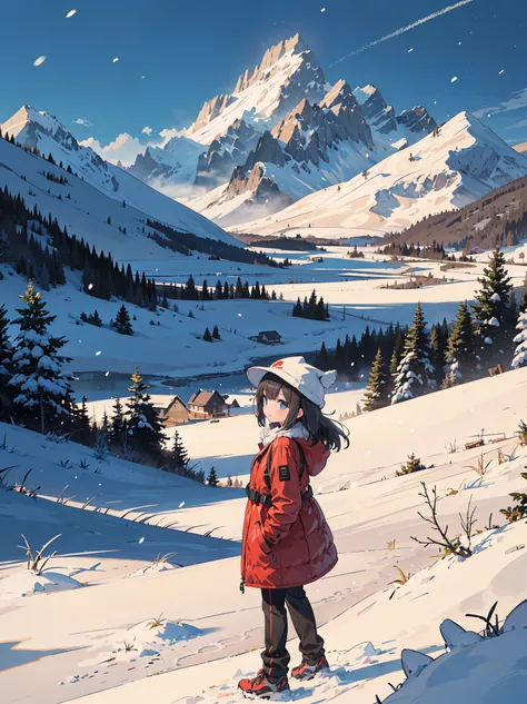 1girl, dawn, clouds, snow mountains, winter, falling snow:1.6, windy, cap, coat , pants (outdoor:1.3), magnificent panorama view