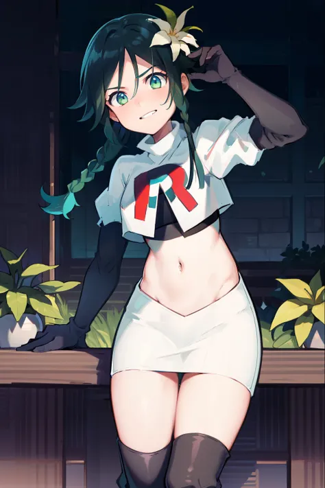 absurdres,venti,1boy, male focus, trap,black hair, green-blue hair, hair braid,hair flower,aqua green eyes,crossdressing,1boy,team rocket,team rocket uniform,white skirt,red letter R,crop top,black thigh-high boots,black elbow gloves, smile, show teeth