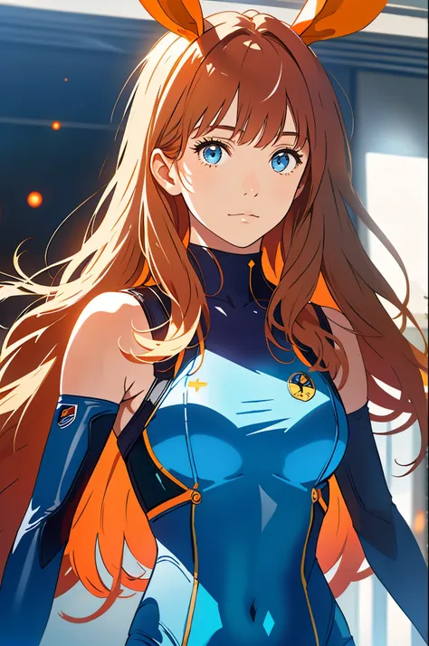 ​masterpiece, top-quality, realistic, 1 person, female, long messy orange hair with bangs, (blue eyes) space hero, bunny girl, (orange bunny ears), cyan body suit, sleeveless suit, sci-fi