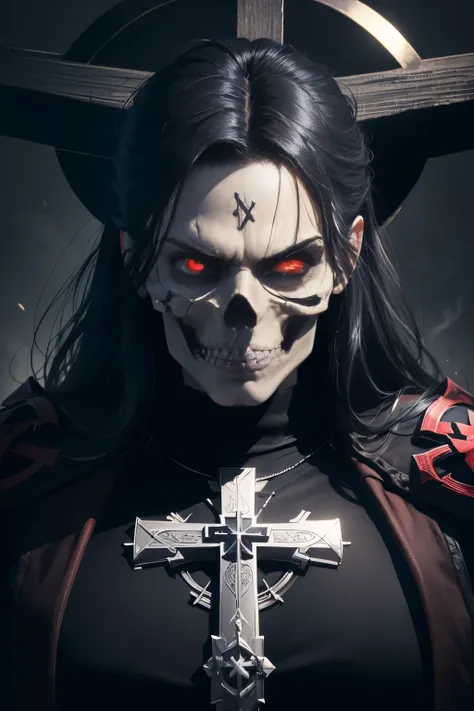 sacred cross,skull,vector,shirt design,(best quality,4k,8k,highres,masterpiece:1.2),ultra-detailed,realistic,physically-based rendering,professional,dark atmosphere,vivid colors,sharp focus,portraits