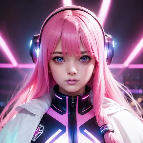 Bust to waist ((perfect face)) perfect skin, hyperrealistic masterpiece, Superheroine girl ((pink hair & fringe glowing colorful)) in extremely complex & superdetailed tight plugsuit ((with white cape)), sharp focus, cinematic illumination: 8k, (((cyberpun...