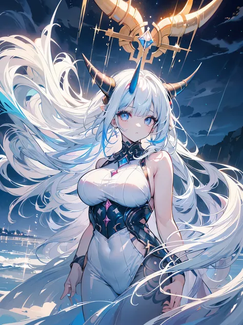 a demon girl floating on the sea water, very long hair, white hair with bluish highlights, thick lips, expression of serenity, (((large curved horns, in the pose of Christ, cloudy and night))), small round breasts, big booty, strong thighs, {extremely deta...