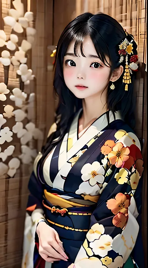 ((8k wallpaper of extremely detailed CG unit, ​masterpiece, hight resolution, top-quality, top-qualityのリアルテクスチャスキン)), ((a very beautiful woman, Detailed eyes、Plump lips, The upper part of the body, Japanese pattern haori,)), (messy black hair, de pele bran...