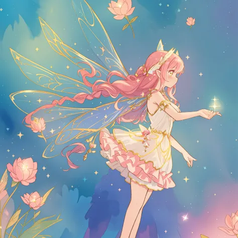 beautiful fairy girl in a sparkling simple flowing dress, fairy dress, (huge sparkling fairy wings), fairy, colorful fantasia background, (glowing fairy wings), long dark pink hair, sparkling fairy wings, watercolor illustration, disney art style, glowing ...