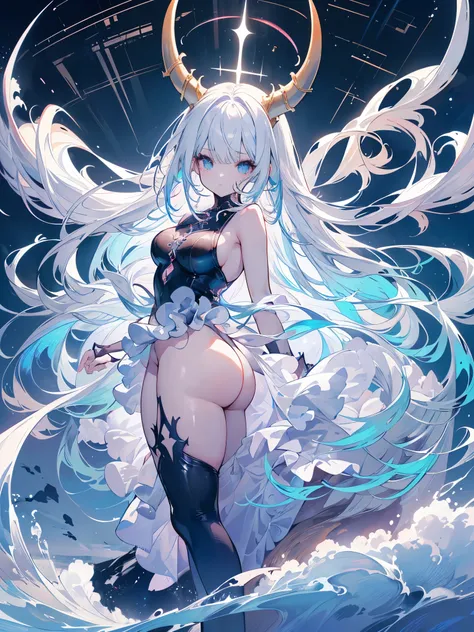 a demon girl floating on the sea water, very long hair, white hair with bluish highlights, thick lips, expression of serenity, (((large curved horns, in the pose of Christ, cloudy and night))), small round breasts, big booty, strong thighs, {extremely deta...