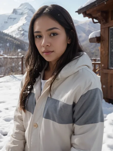 photorealistic, best quality, hyper detailed, Tala, cute Hawaiian girl, very short, skinny, long dark hair, curvy, lips closed, thoughtful expression, detailed face, detailed lips, best shadow, RAW, instagram LUT, snowing, winter in the mountains, warm clo...