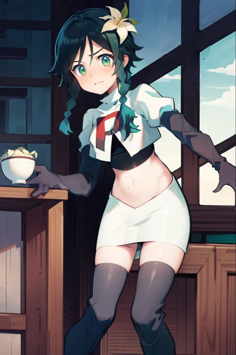 absurdres,venti,1boy, male focus, trap,black hair, green-blue hair, hair braid,hair flower,aqua green eyes,crossdressing,1boy,team rocket,team rocket uniform,white skirt,red letter R,crop top,black thigh-high boots,black elbow gloves, embarrassed, blush