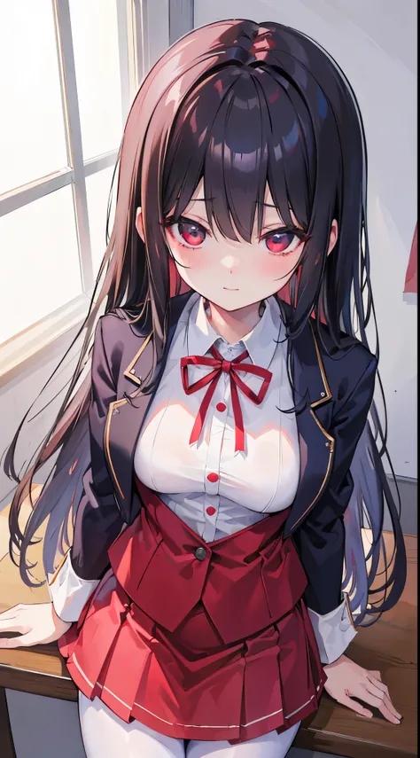 (8K、Top image quality、top-quality、​masterpiece)、A detailed face、1 girl in、Dark hair、long hair、hair over eyes、red blush、smil、Moderately breasts、white  shirt、Red ribbons、Dark blue blazer、a miniskirt、pantyhose、cowboy  shot、Classroom Background