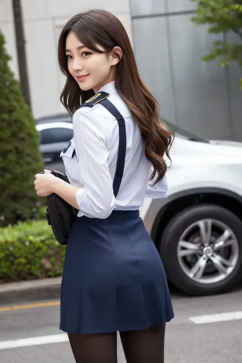 Best Quality、Top image quality、Ultra HD Images、((1人の女性、View photographer))、((Well-formed face、Actress face、Model face、A smile))、 back pose back view、 waist shot、waist up portrait、 Looking from behind、((Uniformed women, tight skirts、Police Uniform, officer)...