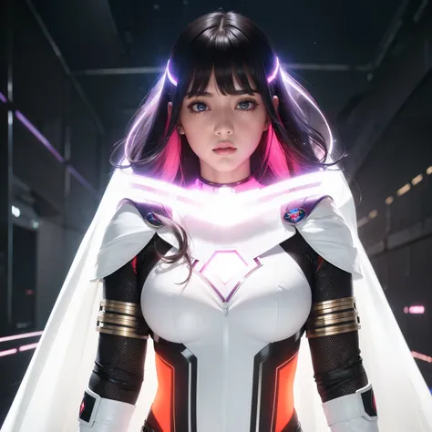 Bust to waist ((perfect face)) perfect skin, hyperrealistic masterpiece, Superheroine girl ((fringe glowing colorful)) in extremely complex & superdetailed tight plugsuit ((with white cape)), sharp focus, cinematic illumination: 8k, (((spacecore  aesthetic...